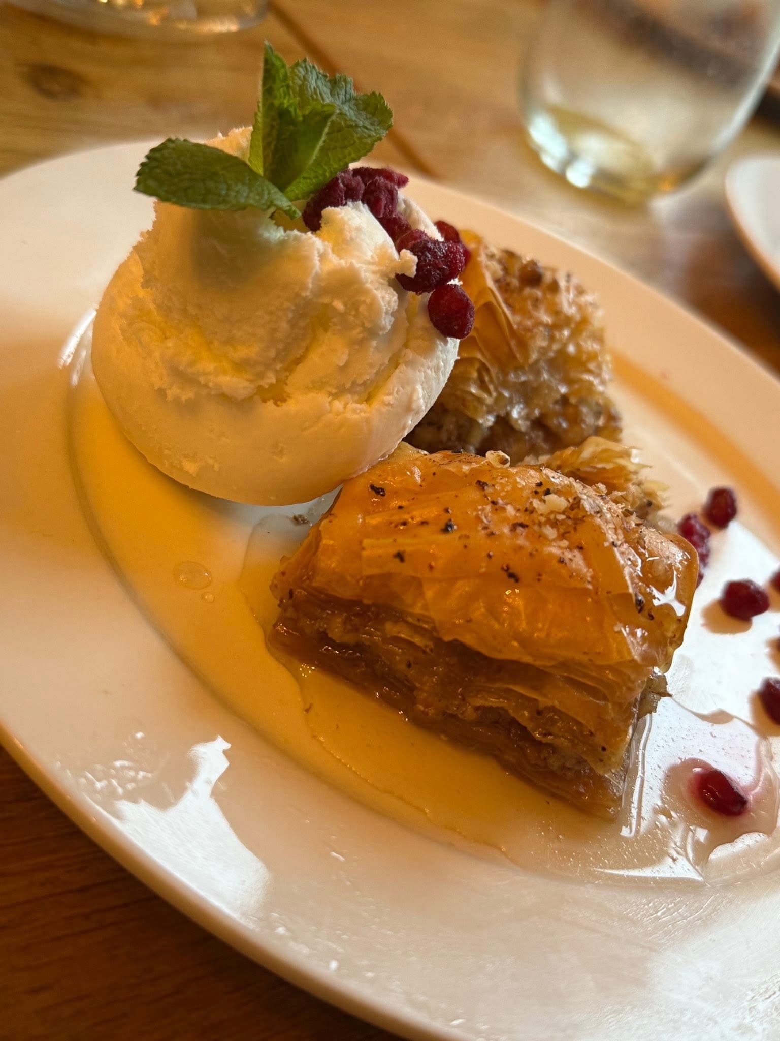 Baklava with vanilla ice cream